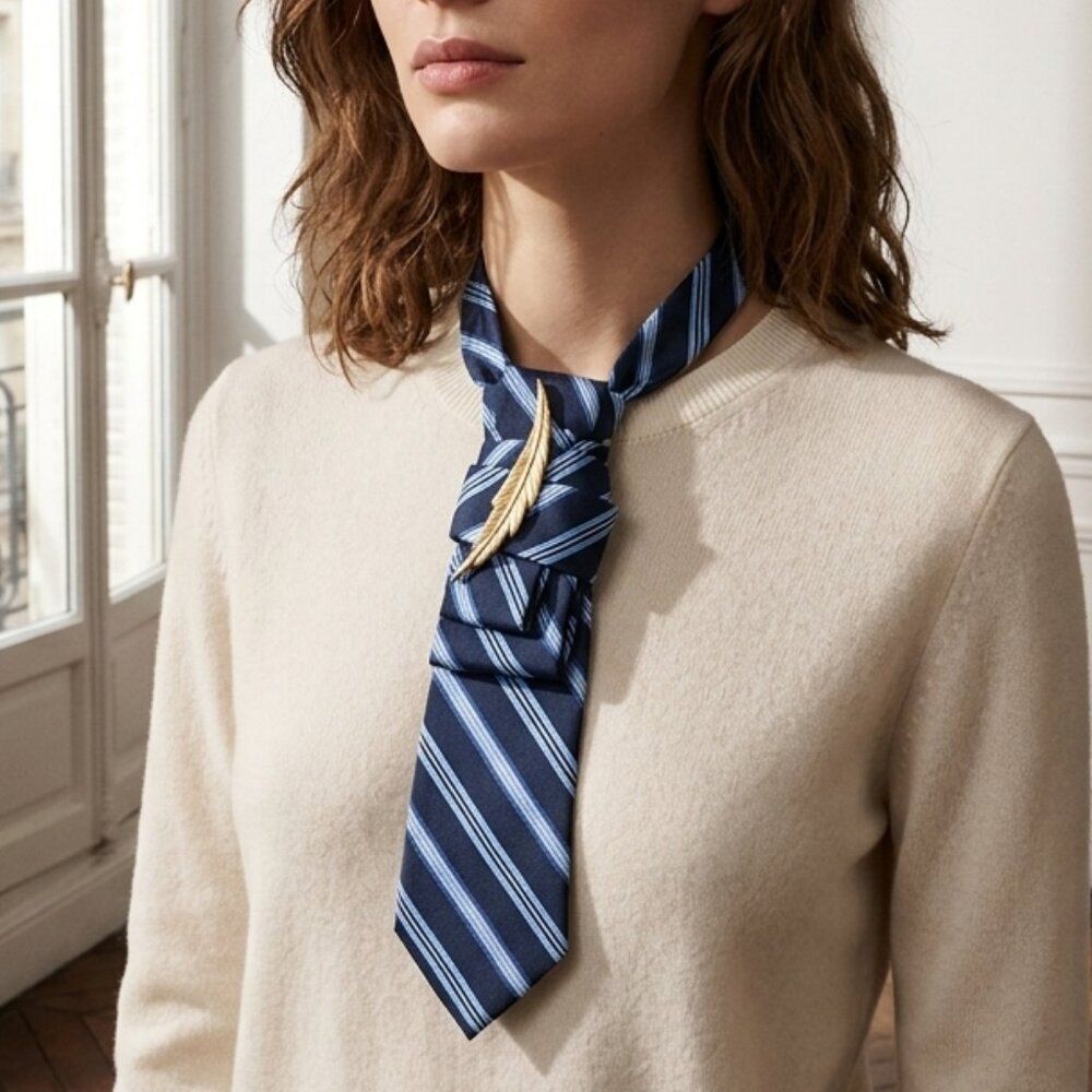 Elegant Blue Striped Statement Necklace Tie with Gold Accent